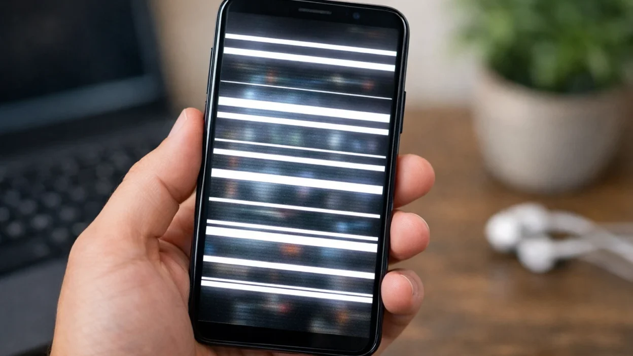 Smartphone screen showing white horizontal lines across dark display demonstrating common phone screen defect