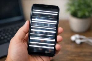 Smartphone screen showing white horizontal lines across dark display demonstrating common phone screen defect