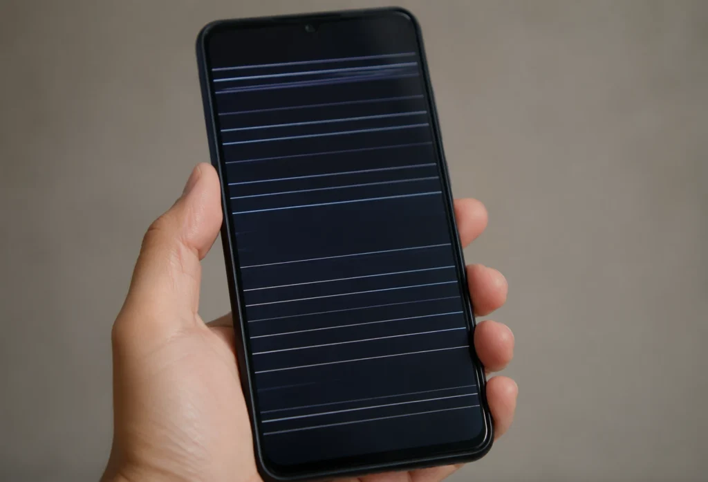 Smartphone screen showing white horizontal lines across dark display demonstrating common phone screen defect