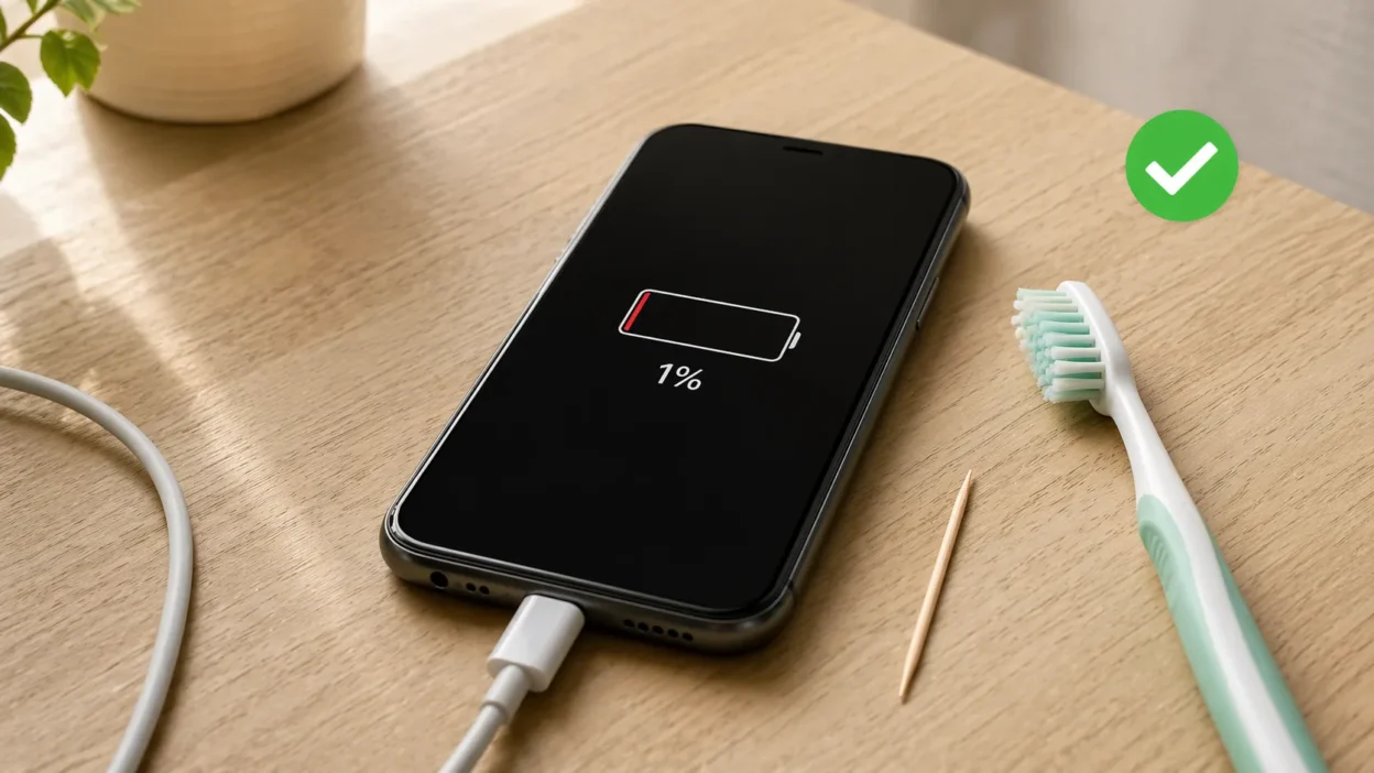 Smartphone with low battery warning and charging cable plugged in on a wooden desk, showing a phone not charging problem with simple household fix tools nearby