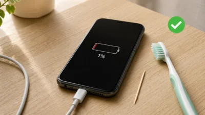 Smartphone with low battery warning and charging cable plugged in on a wooden desk, showing a phone not charging problem with simple household fix tools nearby