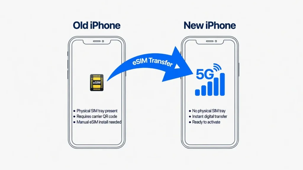 Diagram showing eSIM Quick Transfer process between old iPhone and new iPhone with wireless transfer arrow indicating number transfer direction