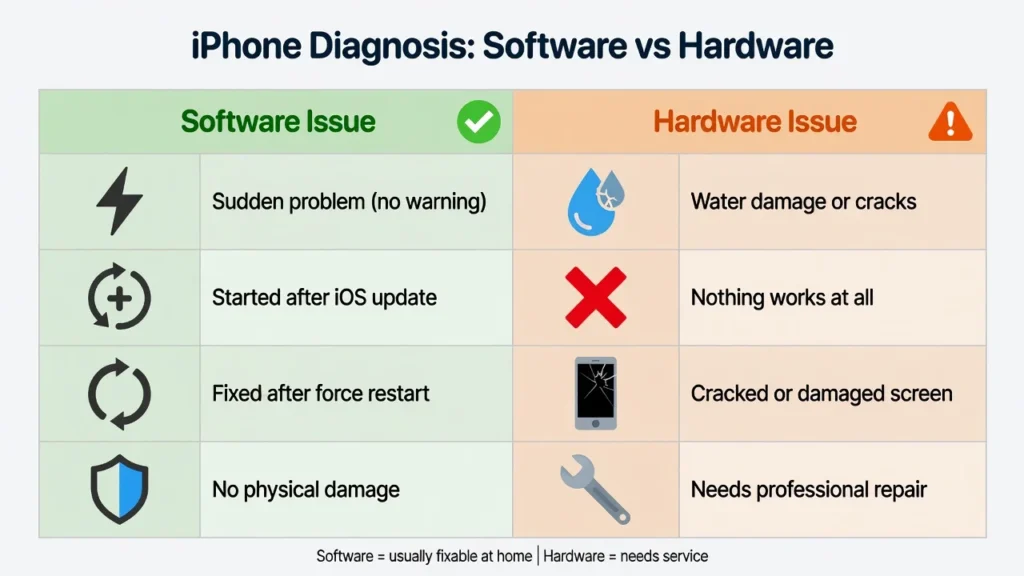 Comparison chart showing differences between software and hardware iPhone black screen issues with diagnostic signs