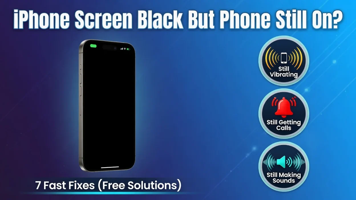 Featured image for iPhone black screen troubleshooting guide showing device with black display still vibrating and making sounds