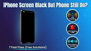 Featured image for iPhone black screen troubleshooting guide showing device with black display still vibrating and making sounds