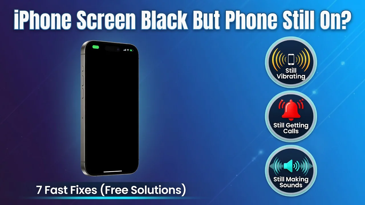 Featured image for iPhone black screen troubleshooting guide showing device with black display still vibrating and making sounds