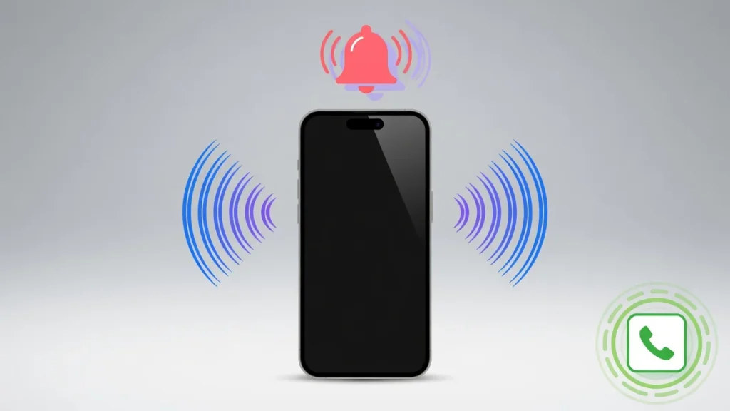 Illustration of iPhone with black screen showing vibration and notification indicators while phone remains functional