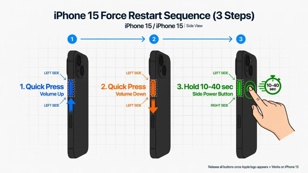 Diagram showing three-step iPhone force restart process: press volume up, press volume down, hold side button until Apple logo
