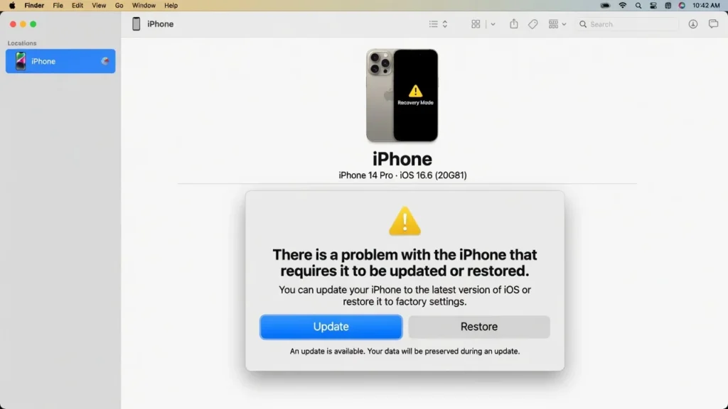 Screenshot of macOS Finder showing iPhone in Recovery Mode with Update and Restore options displayed