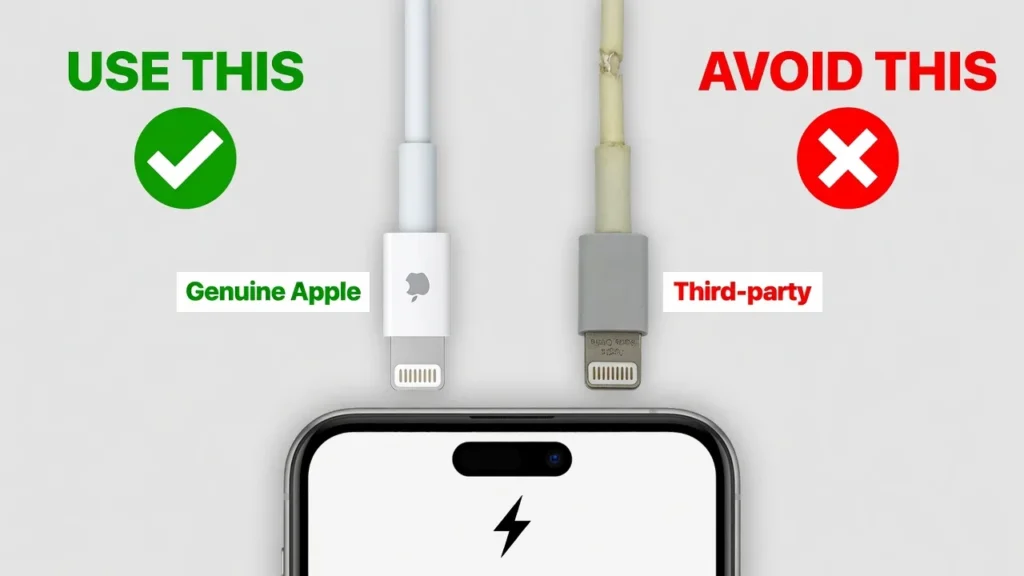 Comparison showing genuine Apple Lightning charging cable versus generic third-party cable for iPhone charging