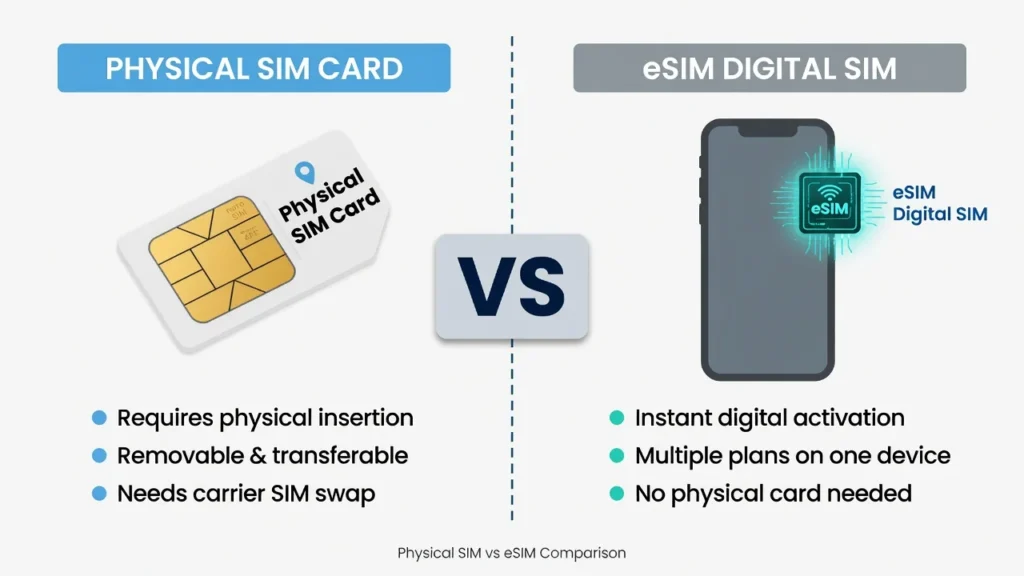 Comparison graphic showing physical SIM card on left versus eSIM digital chip on right for iPhone with key differences listed below each