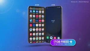 Samsung Galaxy phone before and after removing bloatware apps showing 17GB storage freed