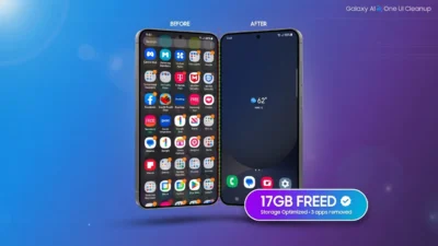 Samsung Galaxy phone before and after removing bloatware apps showing 17GB storage freed