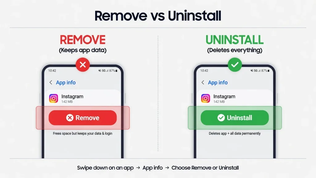 Side-by-side comparison showing difference between Remove and Uninstall options on Samsung Galaxy phones