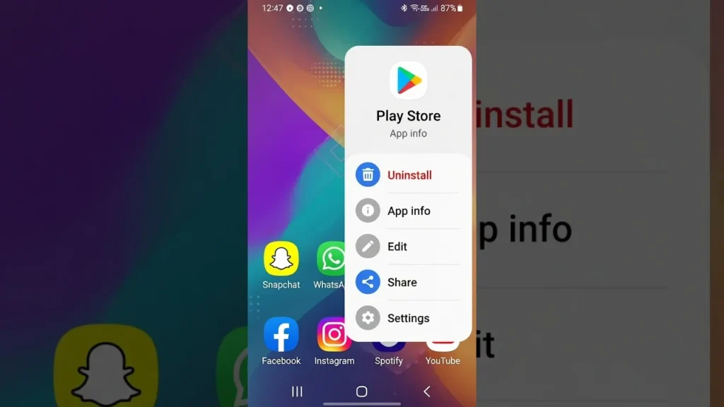 Samsung Galaxy home screen showing uninstall option in long-press menu above app icon