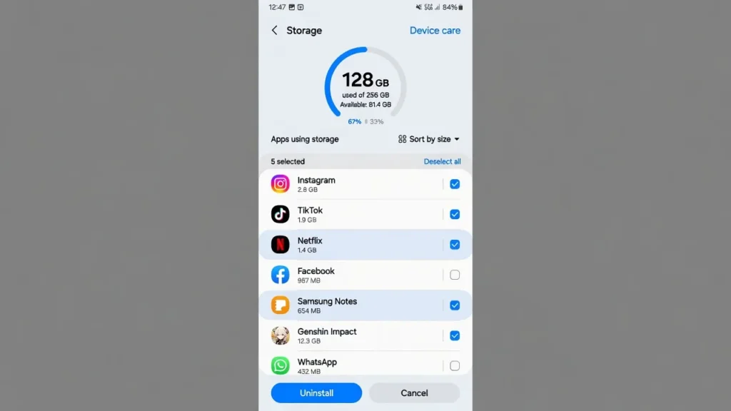 Samsung Device Care storage screen showing multiple apps selected for batch uninstall with checkboxes