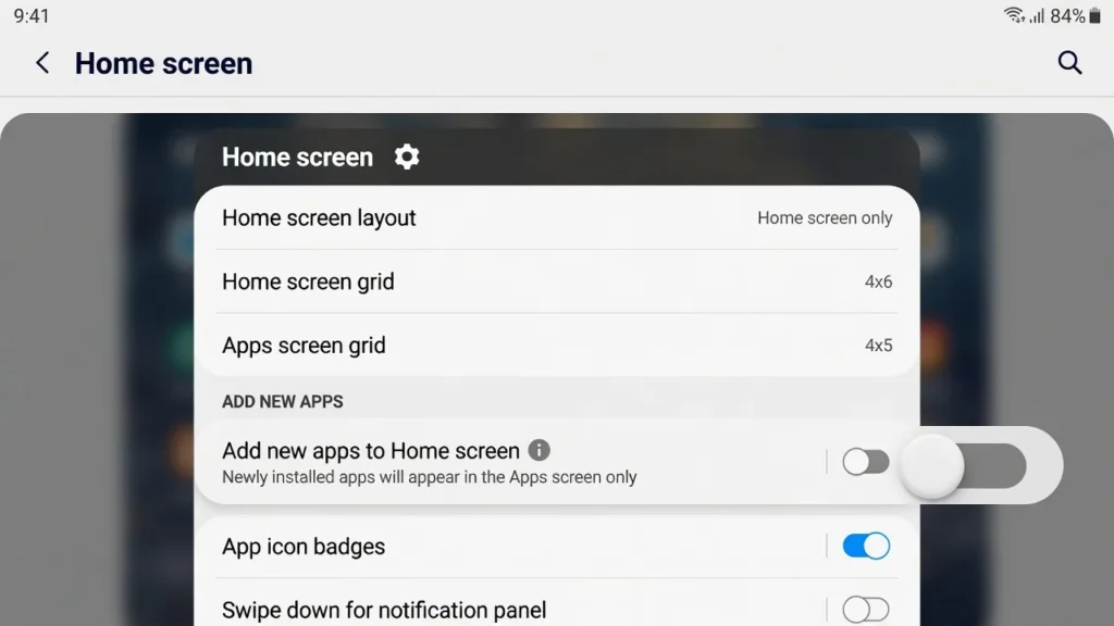 Samsung home screen settings showing toggle to disable automatically adding new apps to home screen