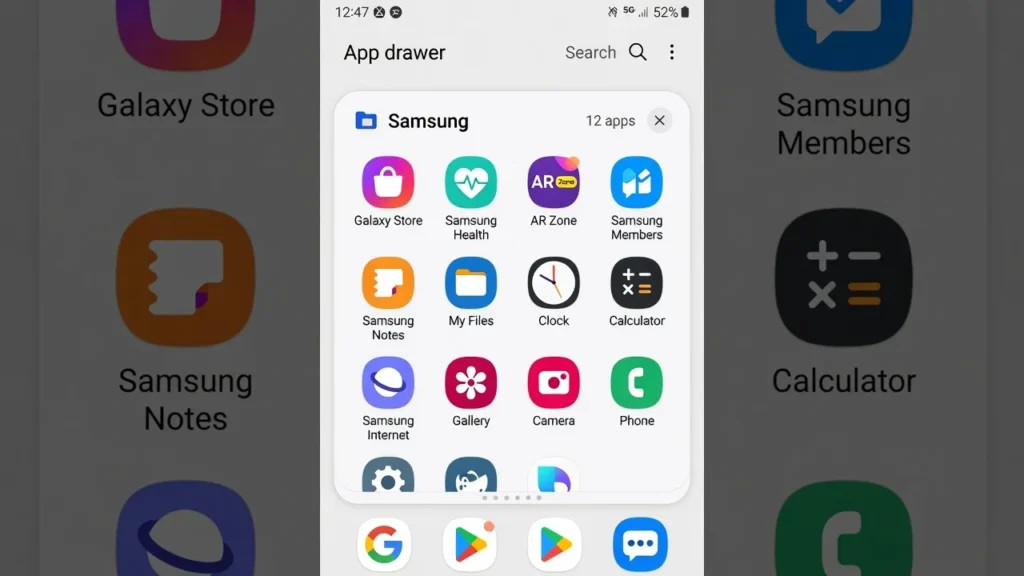 Samsung Galaxy app drawer showing Samsung folder containing pre-installed bloatware applications
