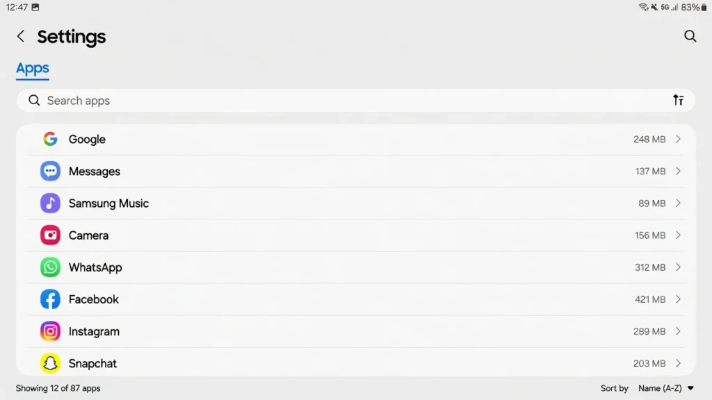 Samsung Galaxy Settings showing installed apps list with storage size for each application