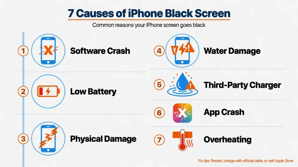 Infographic showing seven causes of iPhone black screen including software crash, battery issues, physical damage, and water damage