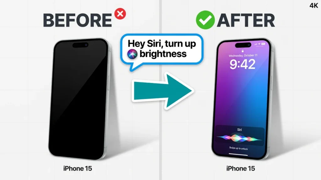 Before and after comparison showing iPhone black screen fixed by Hey Siri turn up brightness voice command