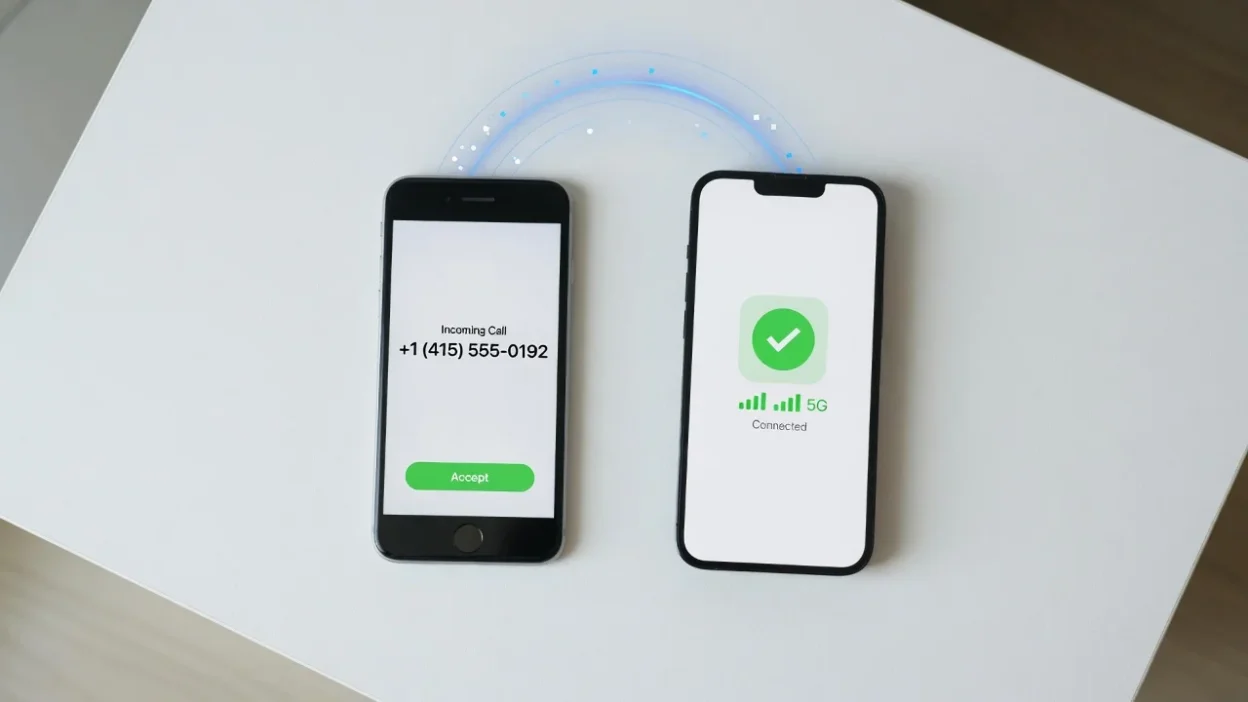 Two iPhones side by side showing phone number transfer process from old iPhone to new iPhone
