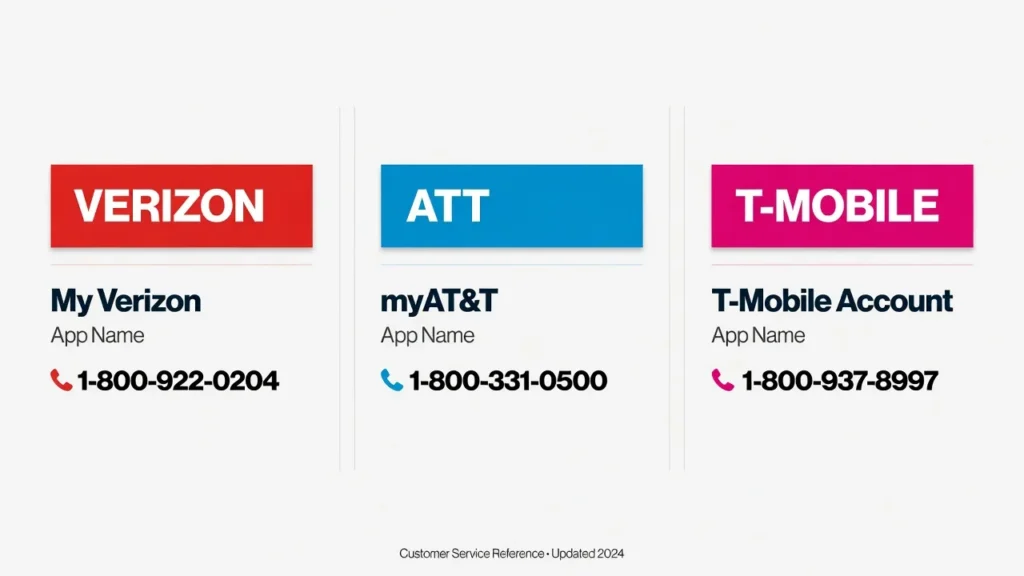 Three-column quick reference card showing eSIM transfer instructions for Verizon AT&T and T-Mobile with app names and support phone numbers