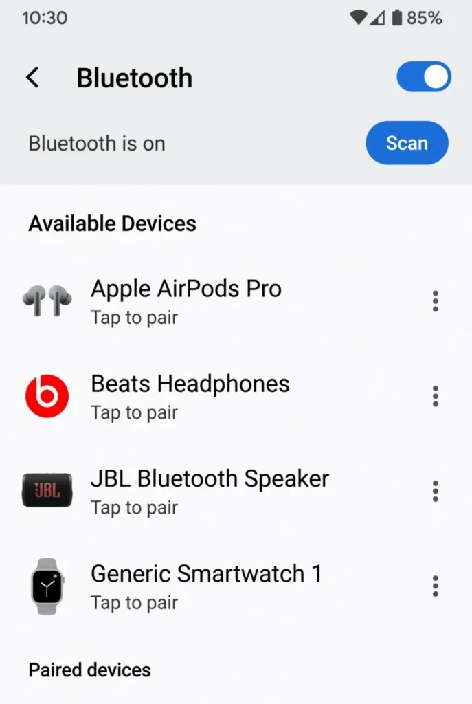 Screenshot of Android Bluetooth settings showing available devices list without Apple Watch, demonstrating why Apple Watch cannot be found when scanning for Bluetooth devices on Android phones