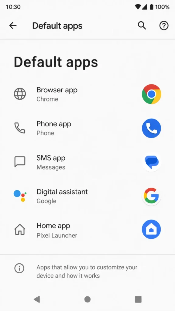 Android Default Apps settings menu showing Browser, Phone, SMS, and Home app categories with currently selected apps listed