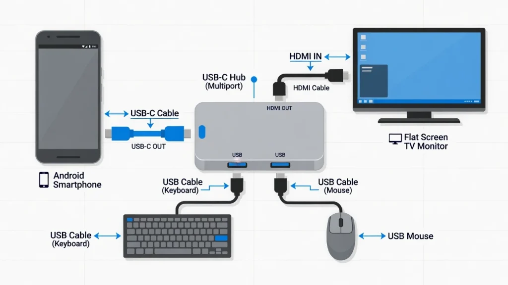 Diagram showing Android phone connected to USB-C HDMI hub with cables leading to TV monitor, keyboard, and mouse for broken screen photo recovery
