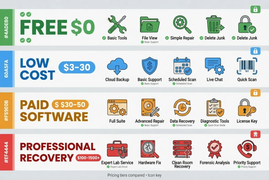 Infographic comparing free, low-cost, paid software, and professional Android photo recovery methods with cost ranges for each tier
