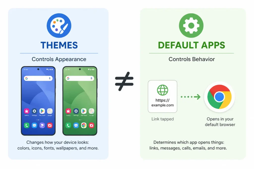 Infographic comparing Android themes which control appearance versus default apps settings which control app behavior showing they are separate systems