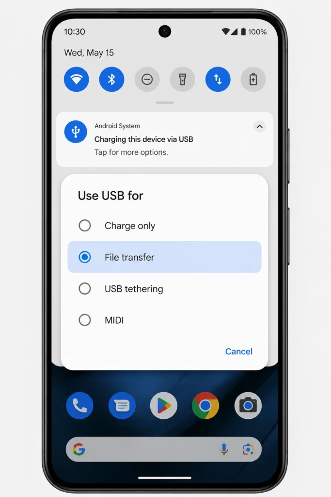 Android phone notification showing USB connection options with File Transfer mode selected for connecting phone to computer
