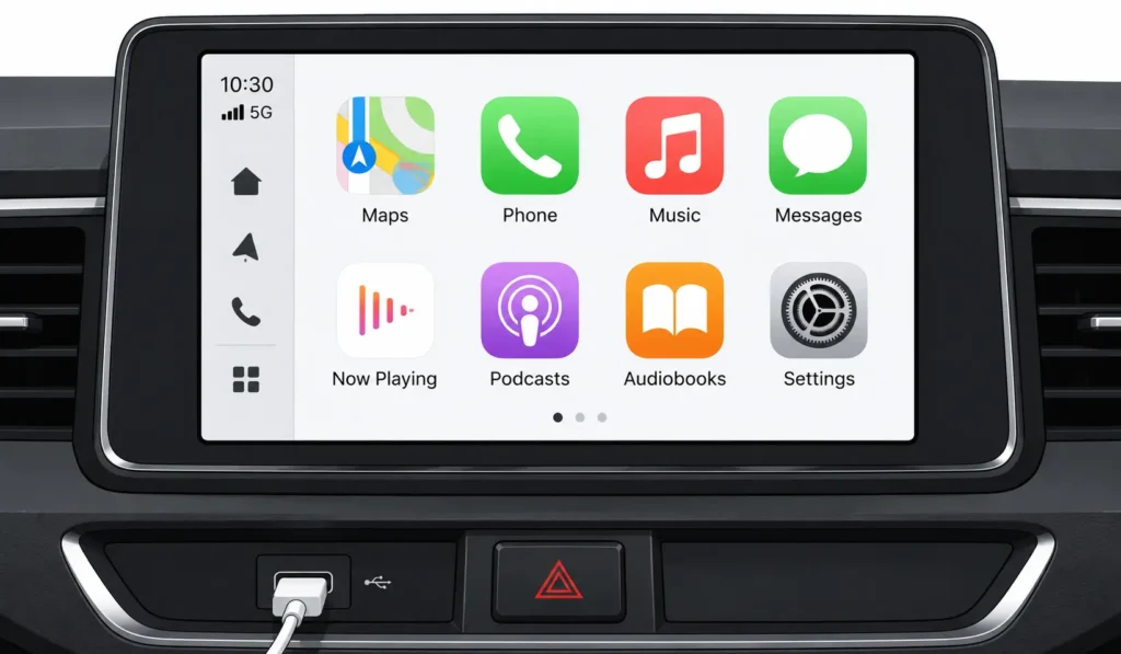 Car infotainment touchscreen displaying a CarPlay-style app interface with navigation, phone, and music app icons after USB connection
