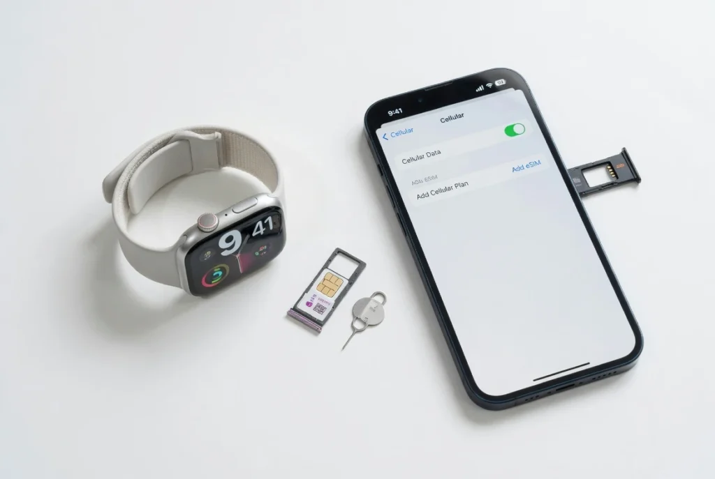 Flat-lay photograph of Apple Watch cellular model and iPhone with nano SIM card and ejector tool, showing the devices and components needed for the SIM swap setup method