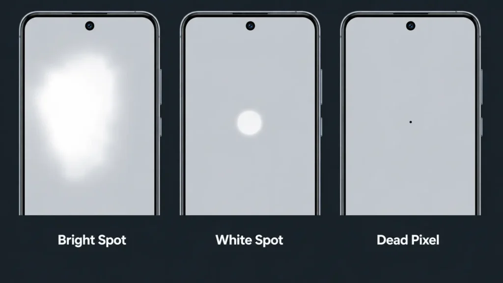 Comparison diagram showing the visual difference between a bright spot, white spot, and dead pixel on a phone screen
