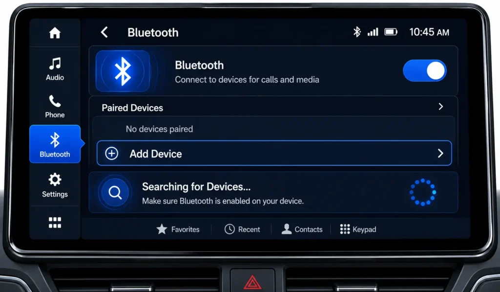 Generic car infotainment touchscreen showing Bluetooth settings menu with Add Device option and Searching for Devices indicator active