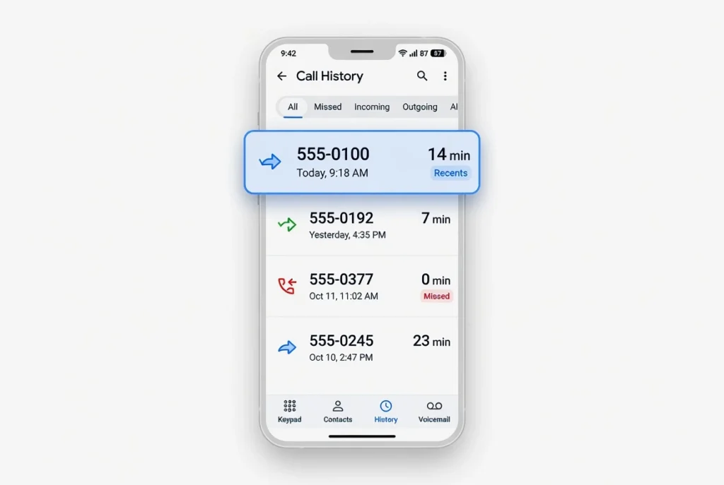 Smartphone showing carrier app call history screen with phone numbers, dates, and call durations listed for recovering a deleted number