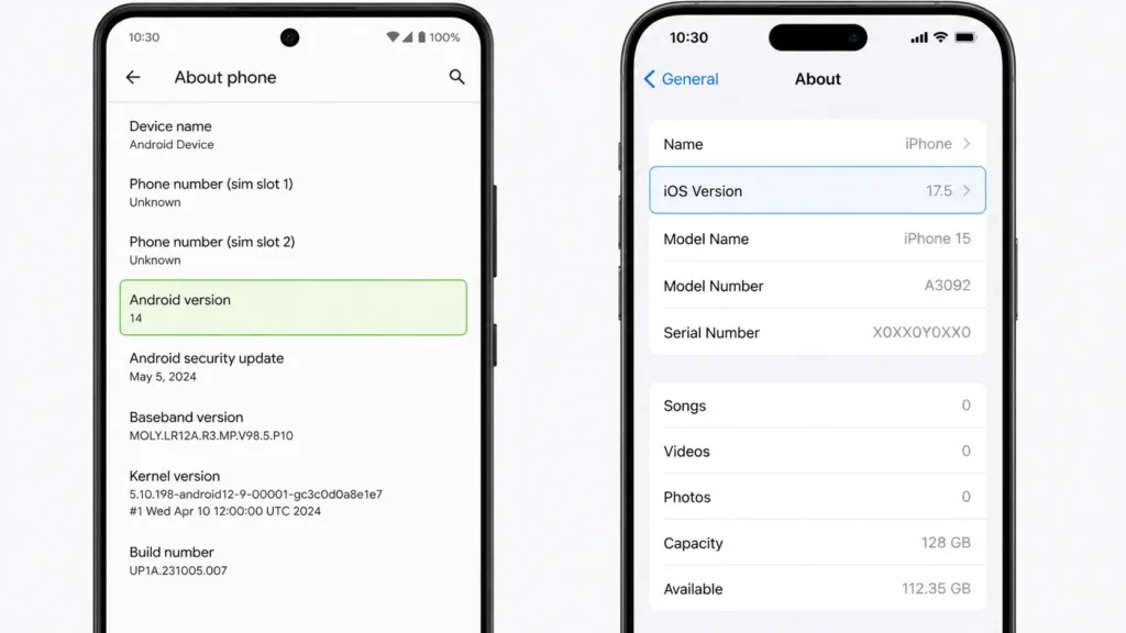 Side-by-side screenshots showing Android About Phone settings and iPhone iOS version screen for checking PS4 controller compatibility requirements