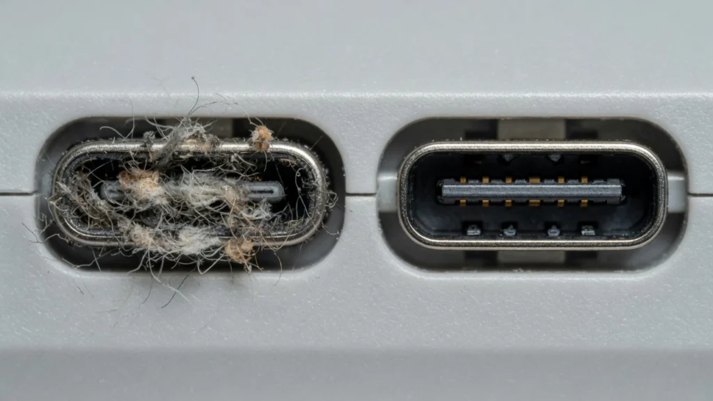 Close-up comparison of a clogged smartphone charging port filled with lint debris next to a clean charging port with visible metal contact pins