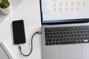 Smartphone connected to laptop with USB-C cable on a clean white desk showing phone to computer connection
