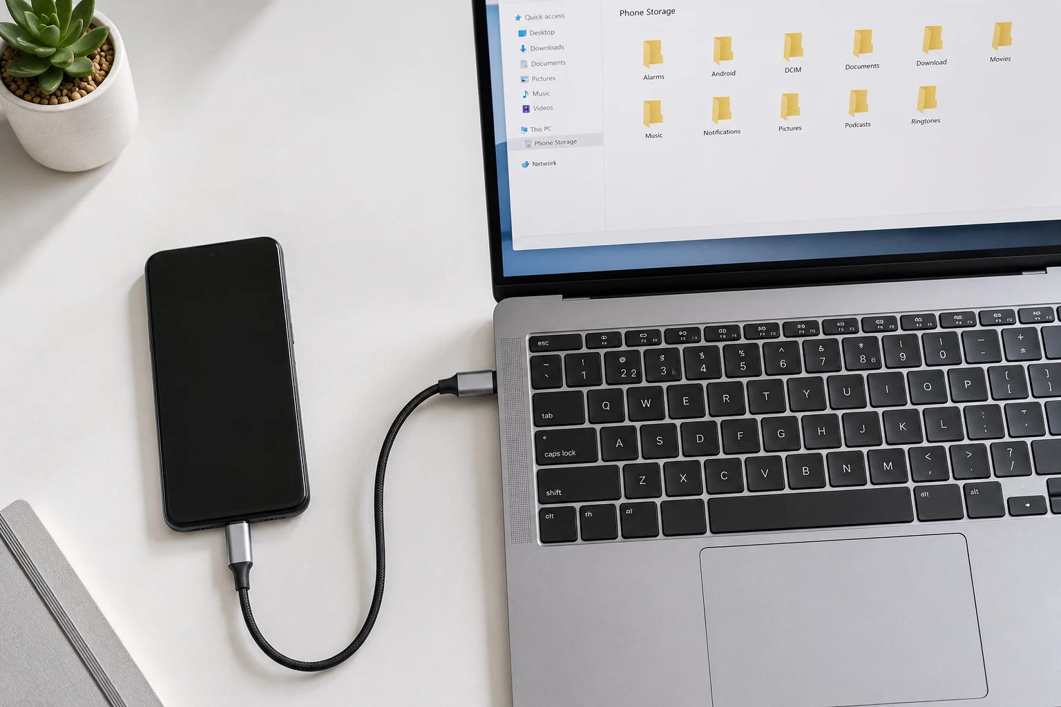 Smartphone connected to laptop with USB-C cable on a clean white desk showing phone to computer connection
