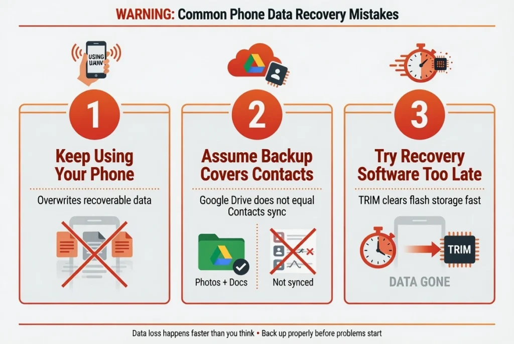Infographic listing three common mistakes after deleting a phone contact — using the phone, assuming backup covers contacts, and waiting too long for recovery software