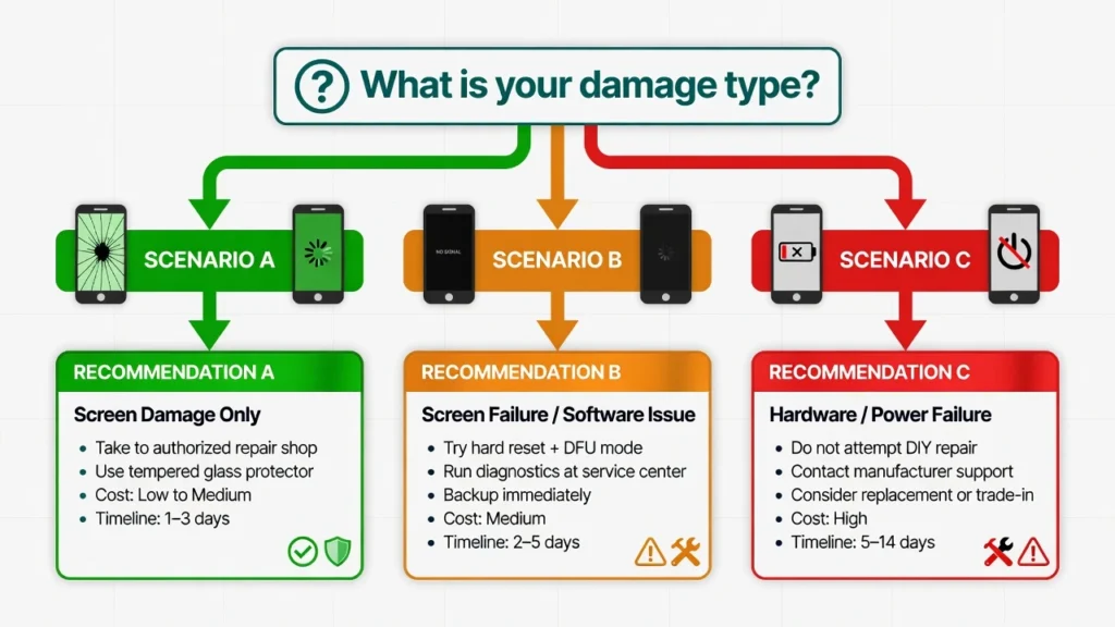 Flowchart showing three Android phone damage scenarios — cracked screen, black screen, and dead phone — with recovery method recommendations for each

