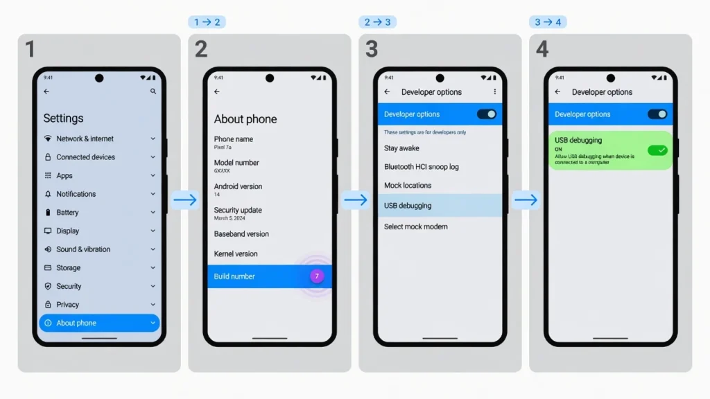 Four-step illustration showing how to enable USB debugging on Android by tapping Build Number seven times to unlock Developer Options
