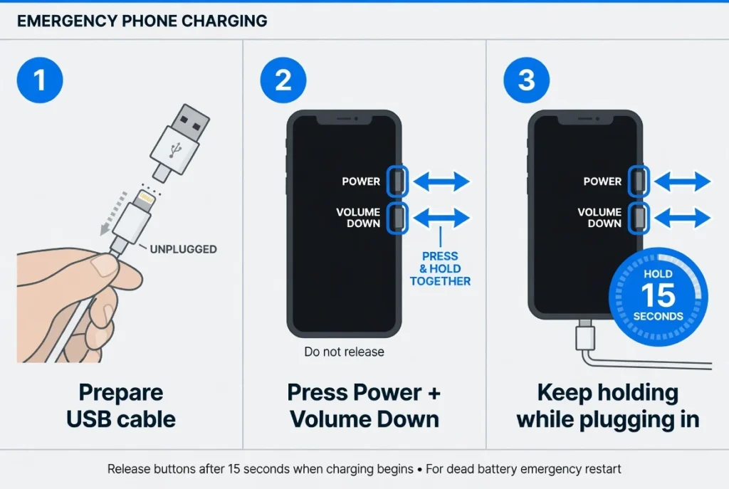 Three-step diagram showing the Fast Plug emergency charging method with phone buttons to hold simultaneously while plugging in the charging cable