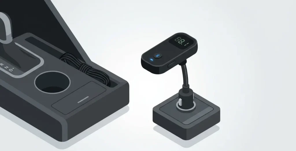 FM transmitter device plugged into a car's 12V cigarette lighter socket with FM frequency display and Bluetooth indicator light visible