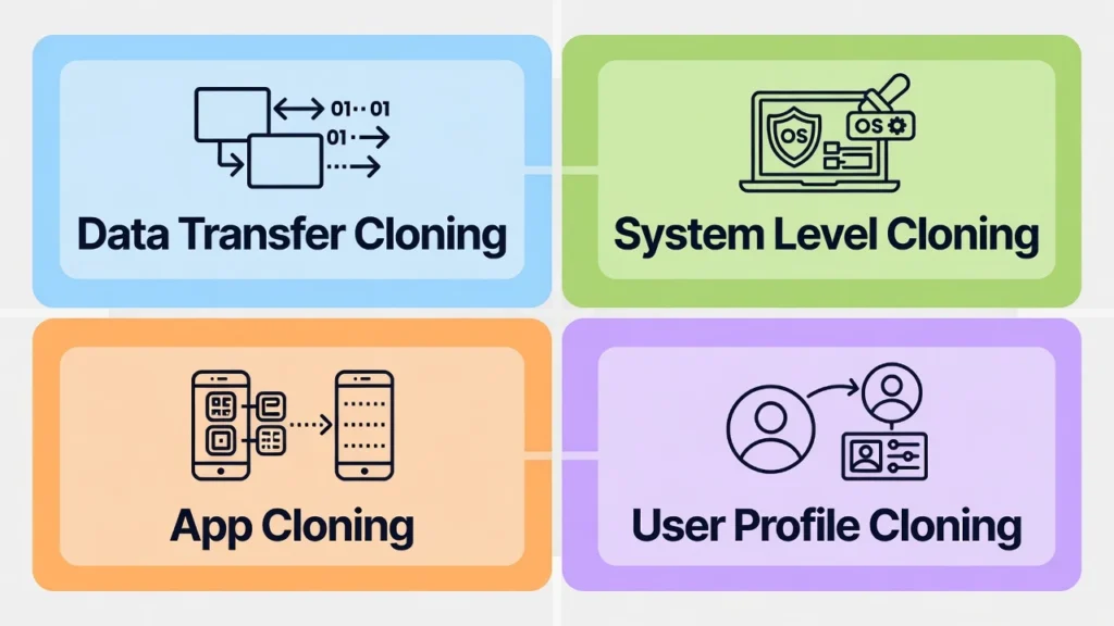  Diagram showing the four types of phone cloning: data transfer cloning, system level cloning, app cloning, and user profile cloning
