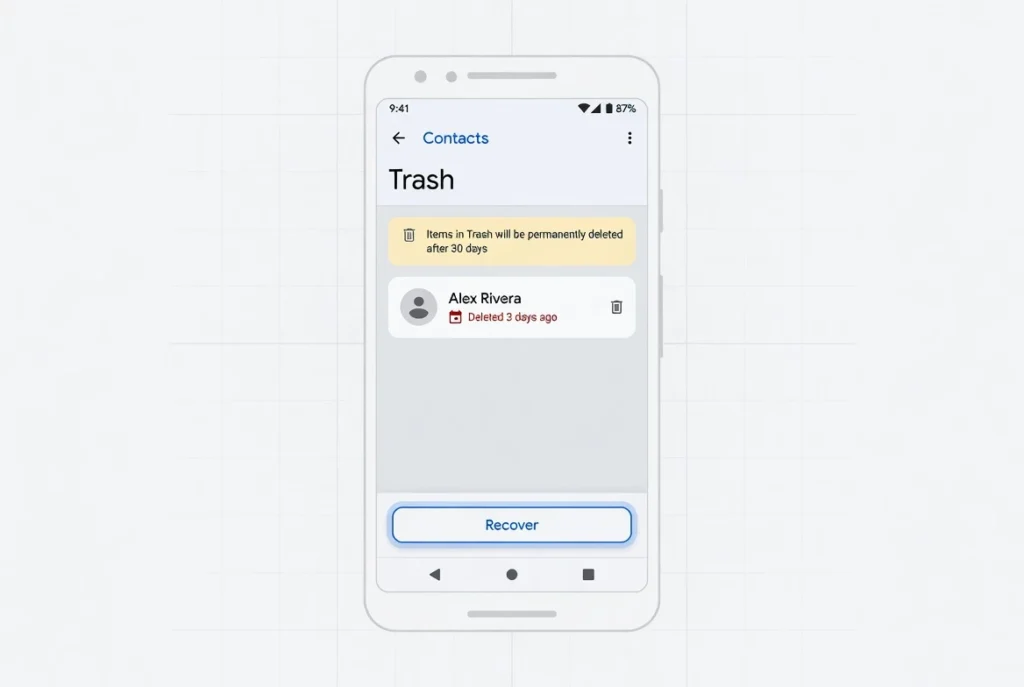 Android phone showing Google Contacts Trash screen with a deleted contact entry and Recover button highlighted