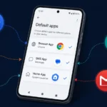 Android phone showing Default Apps settings menu with browser messaging and maps app options available to switch